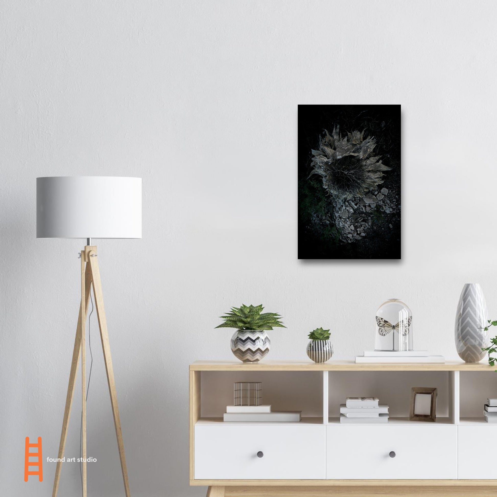 Black and White Photographic Print of abstract dead desert plant in Marfa Texas by Allison Cartwright at Found Art Studio.