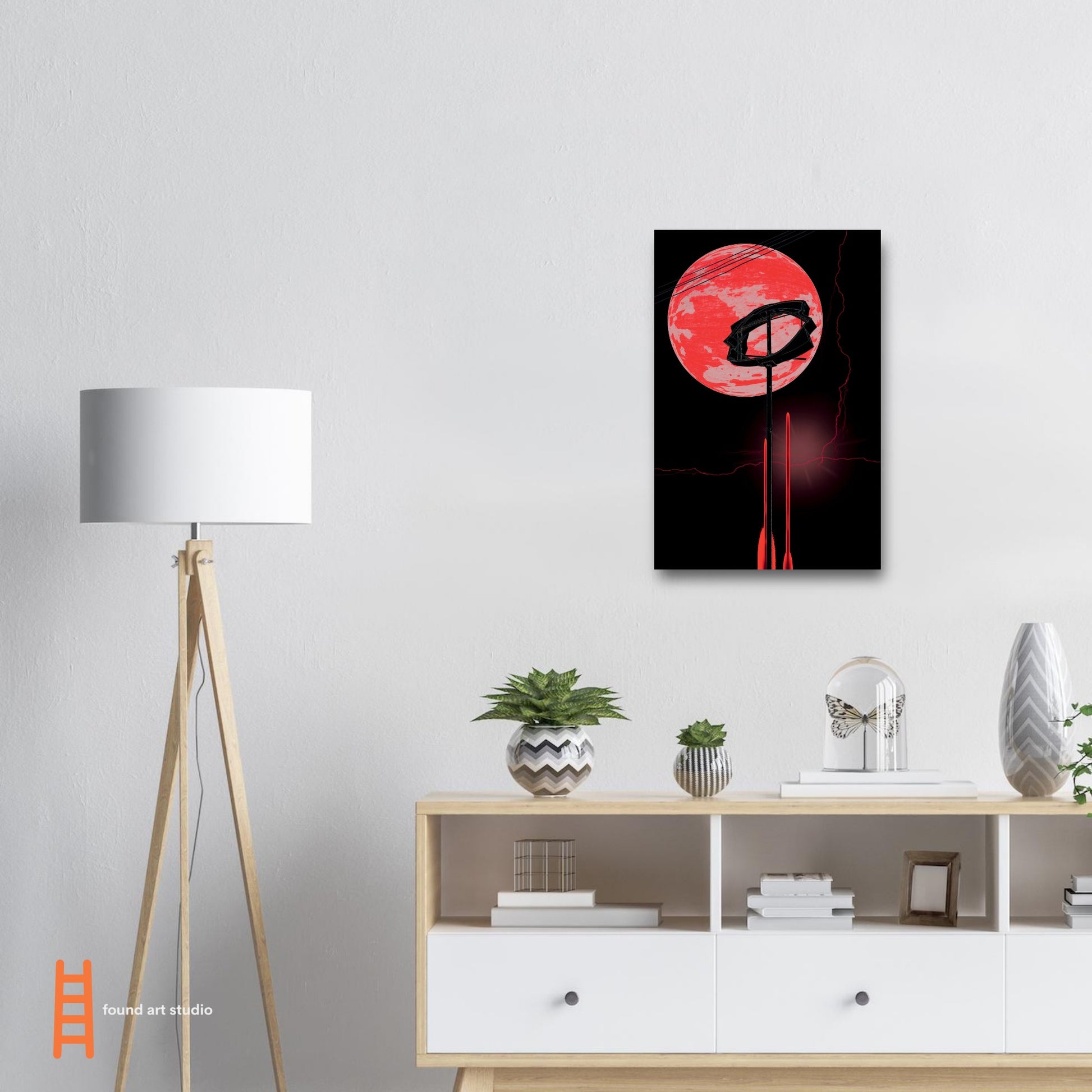 Digital Art Print that merges a planet and a broken Dairy Queen™ sign with lightening and lens flare in black and neon red on a black background in an ode to the high winds in Marfa Texas by Allison Cartwright Found Art Studio.
