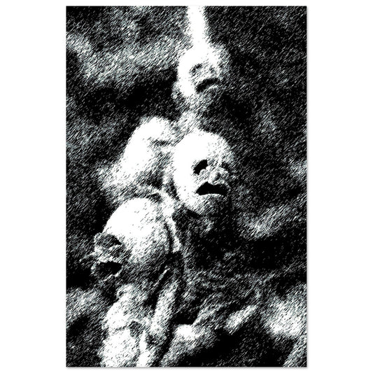 Black and White Photographic Print of Original Scratch Art. Strange Vine with Faces. by Allison Cartwright at Found Art Studio