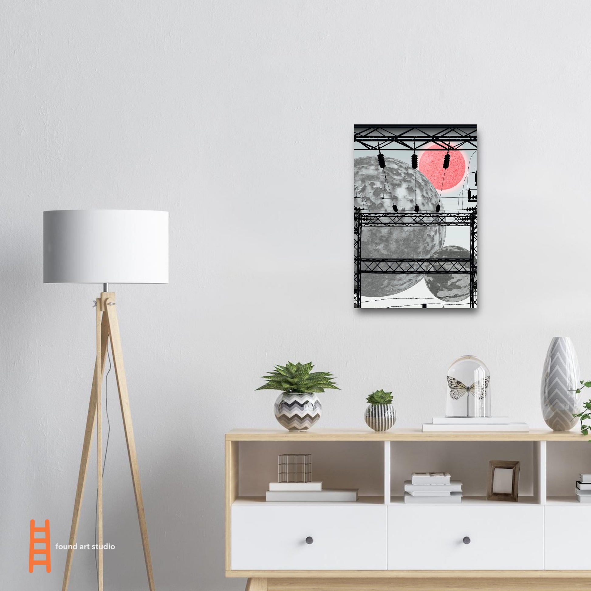 Digital Art Print that merges planets, and an Electrical Grid in blacks and grays with a pop of red on a white background by Allison Cartwright Found Art Studio.