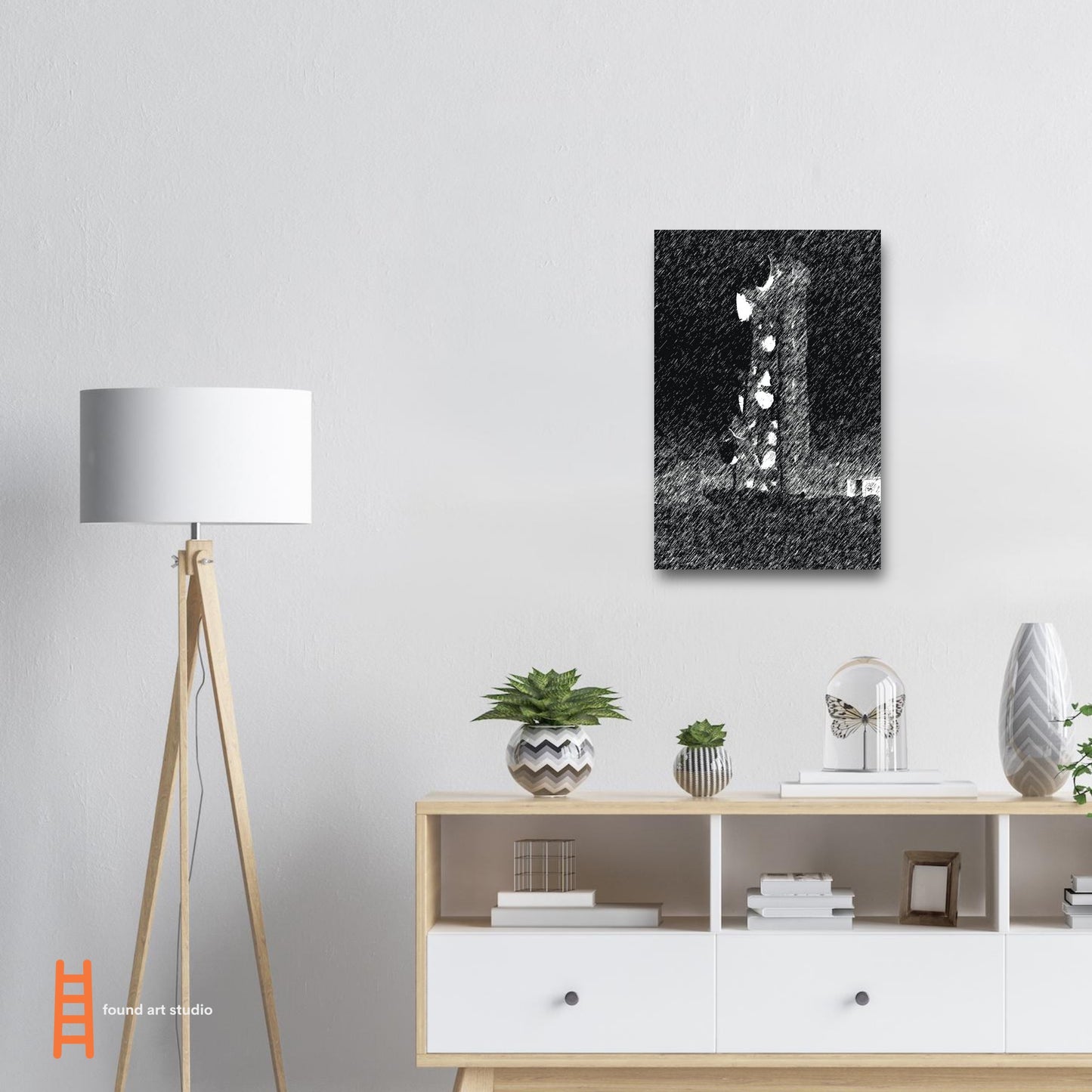 Black and White Photographic Print of Original Scratch Art. Strange Electrical Tower. by Allison Cartwright at Found Art Studio