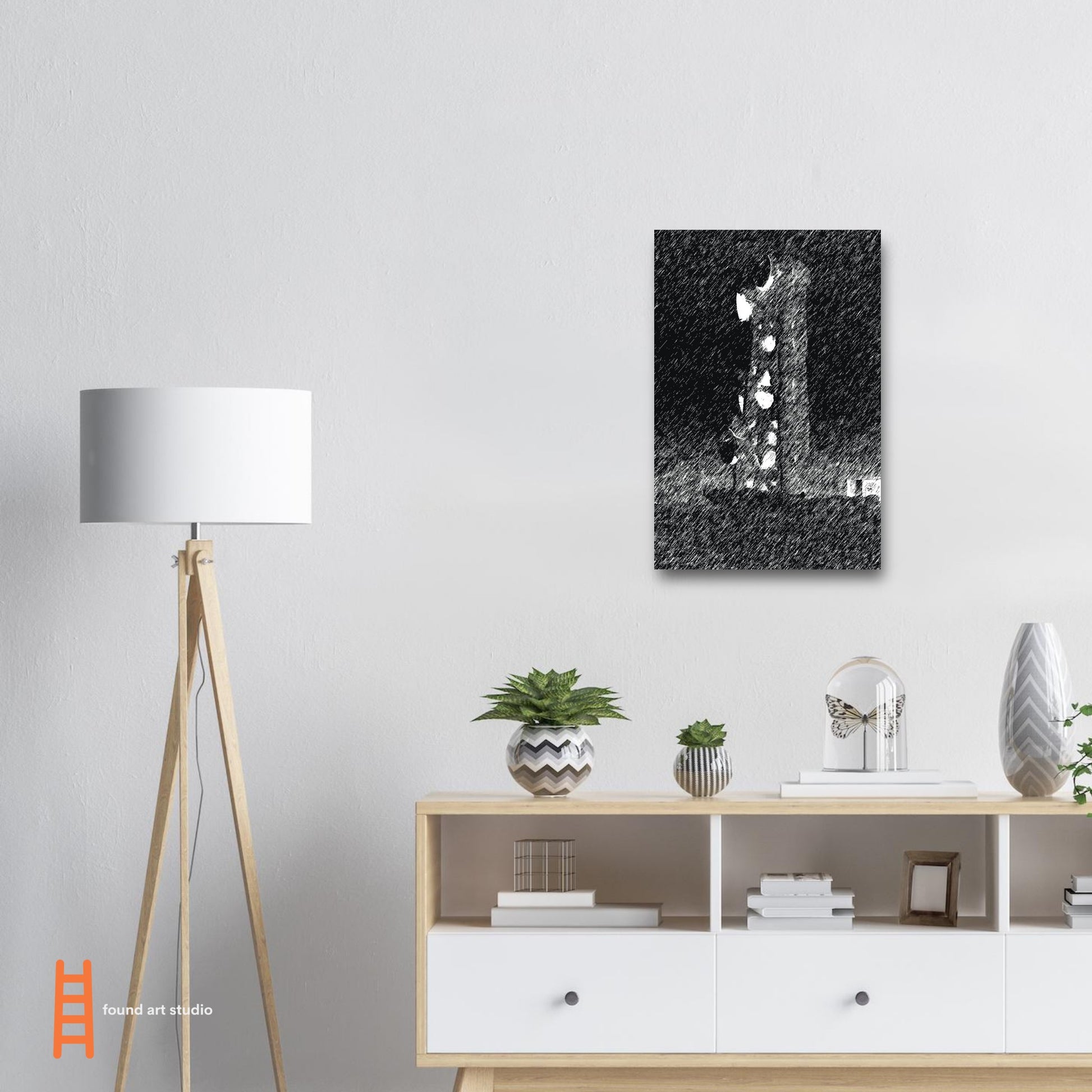 Black and White Photographic Print of Original Scratch Art. Strange Electrical Tower. by Allison Cartwright at Found Art Studio