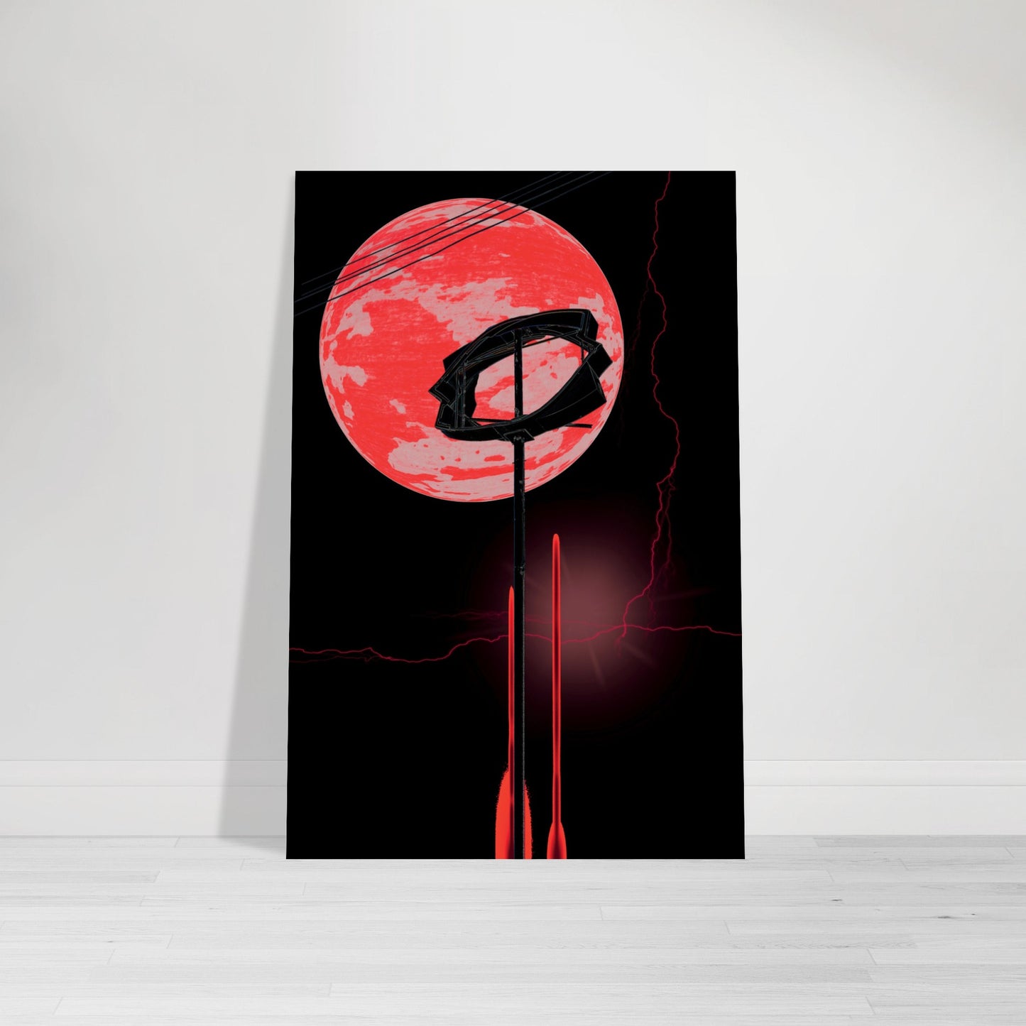 Digital Art Print that merges a planet and a broken Dairy Queen™ sign with lightening and lens flare in black and neon red on a black background in an ode to the high winds in Marfa Texas by Allison Cartwright Found Art Studio.