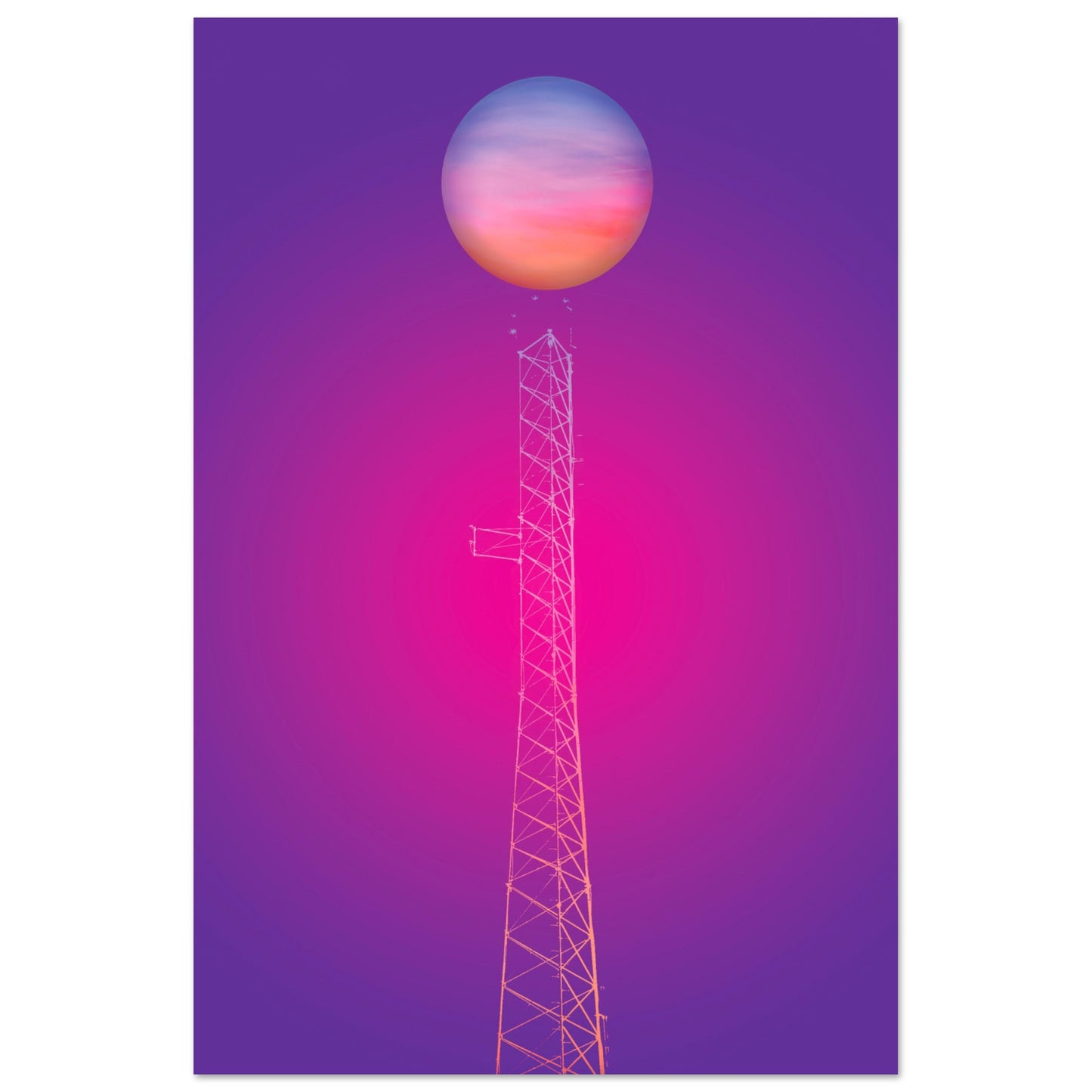 Digital Art Print that merges a multi-colored planet rising atop an electrical tower on a gradient purple and pink black background  by Allison Cartwright Found Art Studio.