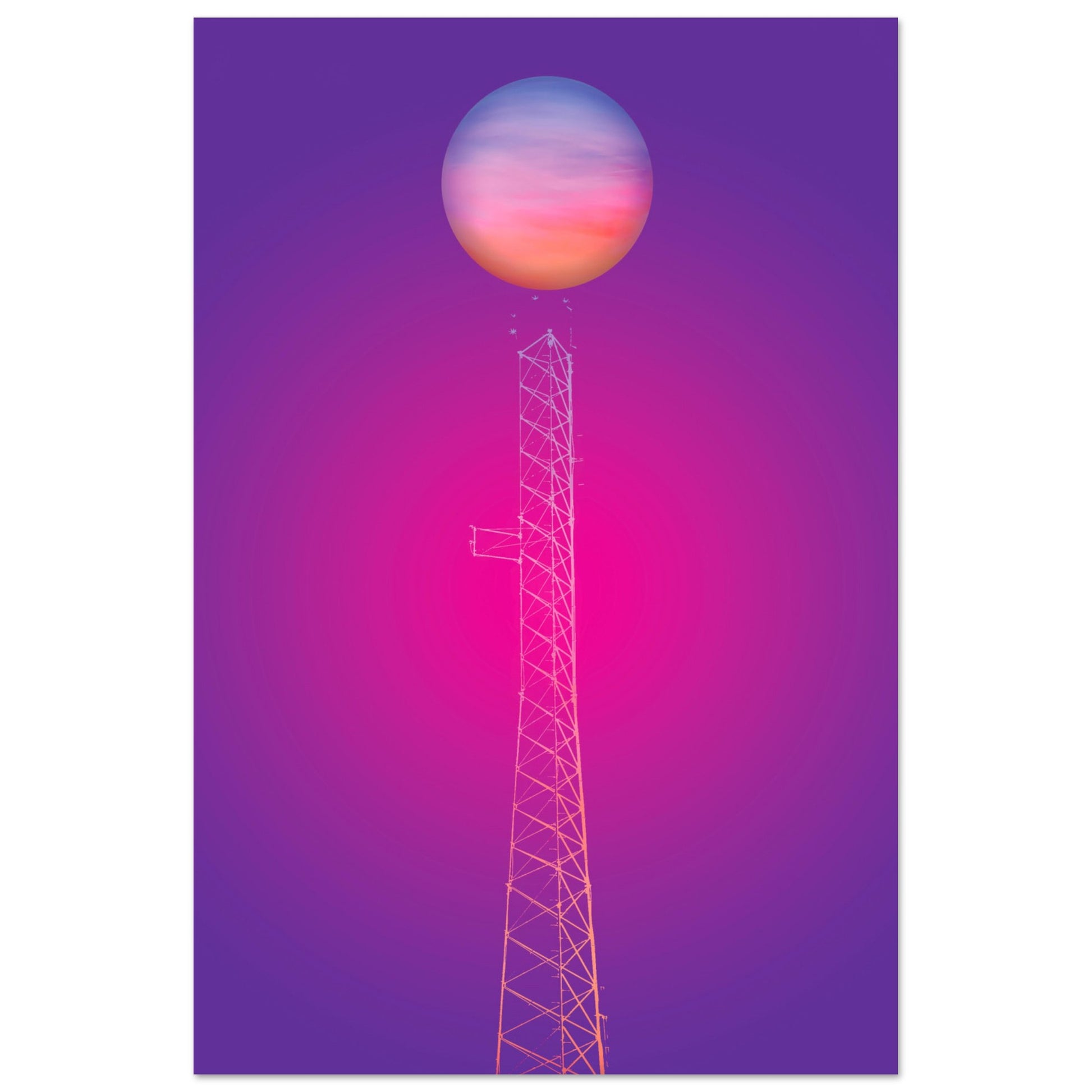Digital Art Print that merges a multi-colored planet rising atop an electrical tower on a gradient purple and pink black background  by Allison Cartwright Found Art Studio.