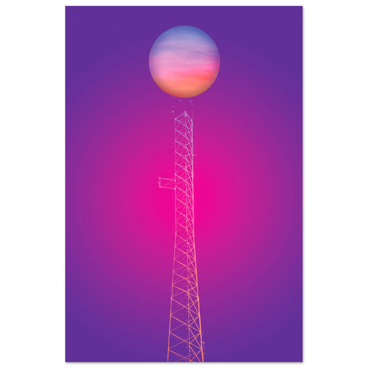 Digital Art Print that merges a multi-colored planet rising atop an electrical tower on a gradient purple and pink black background  by Allison Cartwright Found Art Studio.
