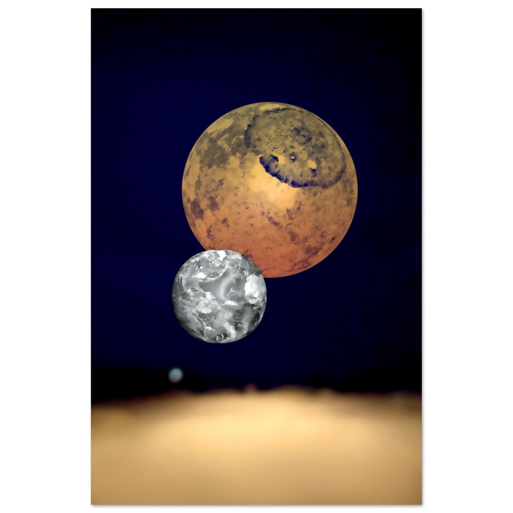Digital Art Print that features 3 Planets rising from a golden colored fog on a deep black and blue background  by Allison Cartwright Found Art Studio.