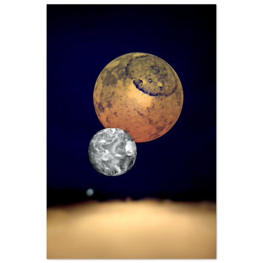 Digital Art Print that features 3 Planets rising from a golden colored fog on a deep black and blue background  by Allison Cartwright Found Art Studio.