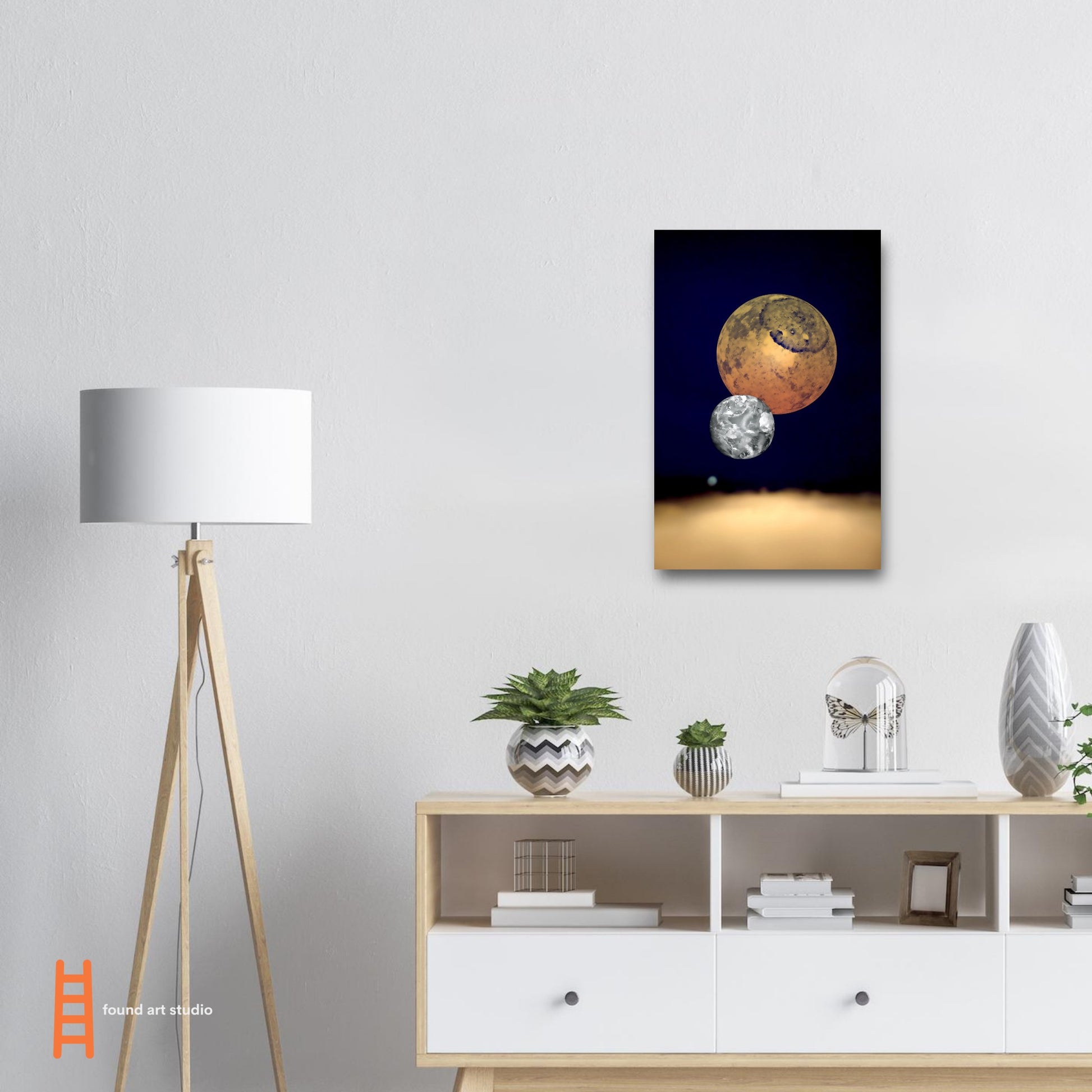 Digital Art Print that features 3 Planets rising from a golden colored fog on a deep black and blue background by Allison Cartwright Found Art Studio.