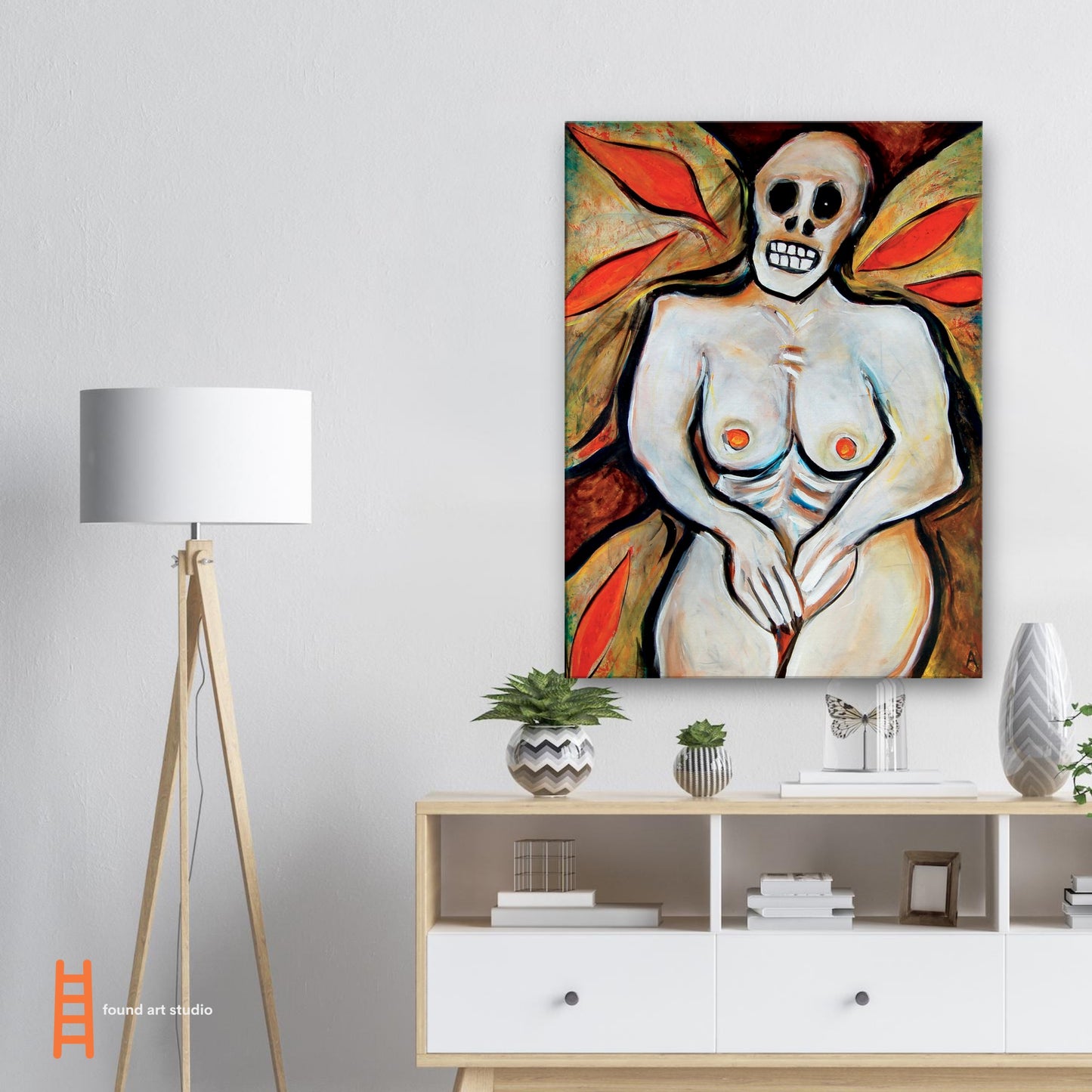 Photographic Print on canvas of an original Painting of an unclothed woman with a skull head in Bright Colors. by Allison Cartwright at Found Art Studio.