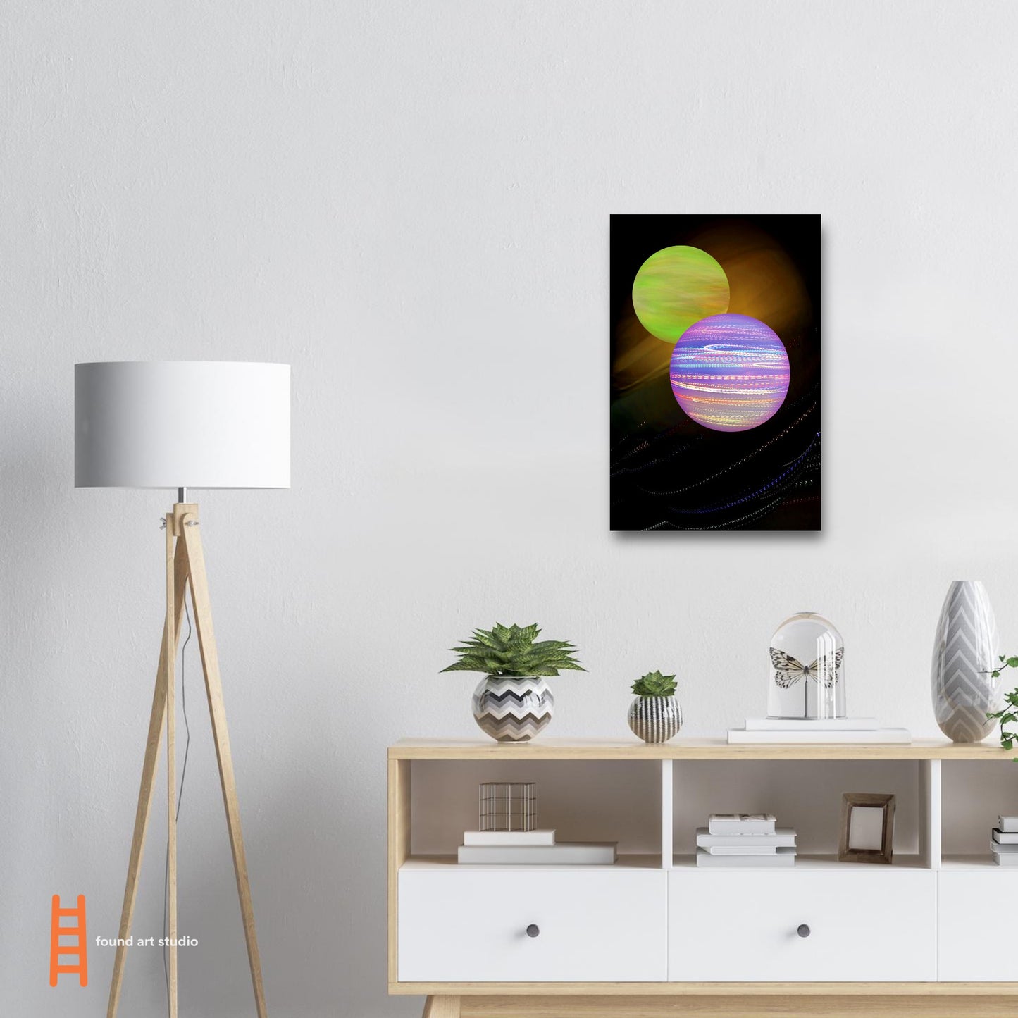 Digital Art Print that features 2 brightly colored Planets swirling on a black and gold background by Allison Cartwright Found Art Studio.