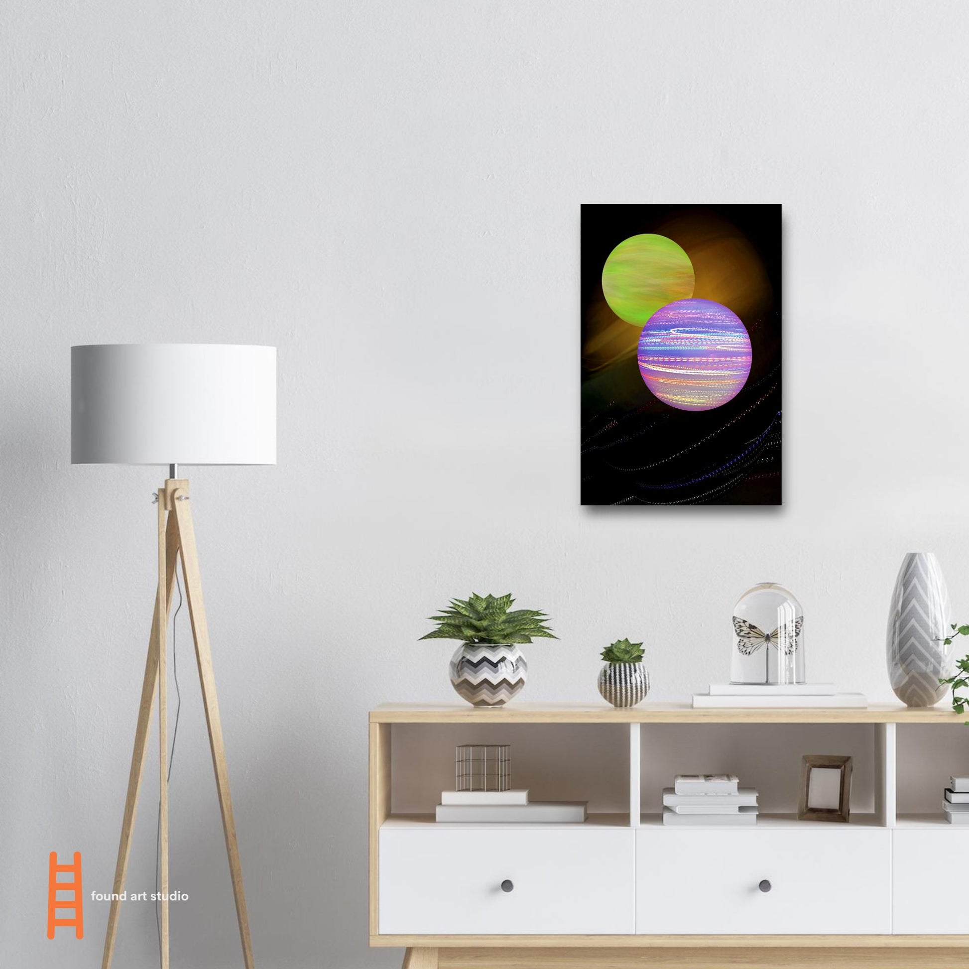 Digital Art Print that features 2 brightly colored Planets swirling on a black and gold background by Allison Cartwright Found Art Studio.