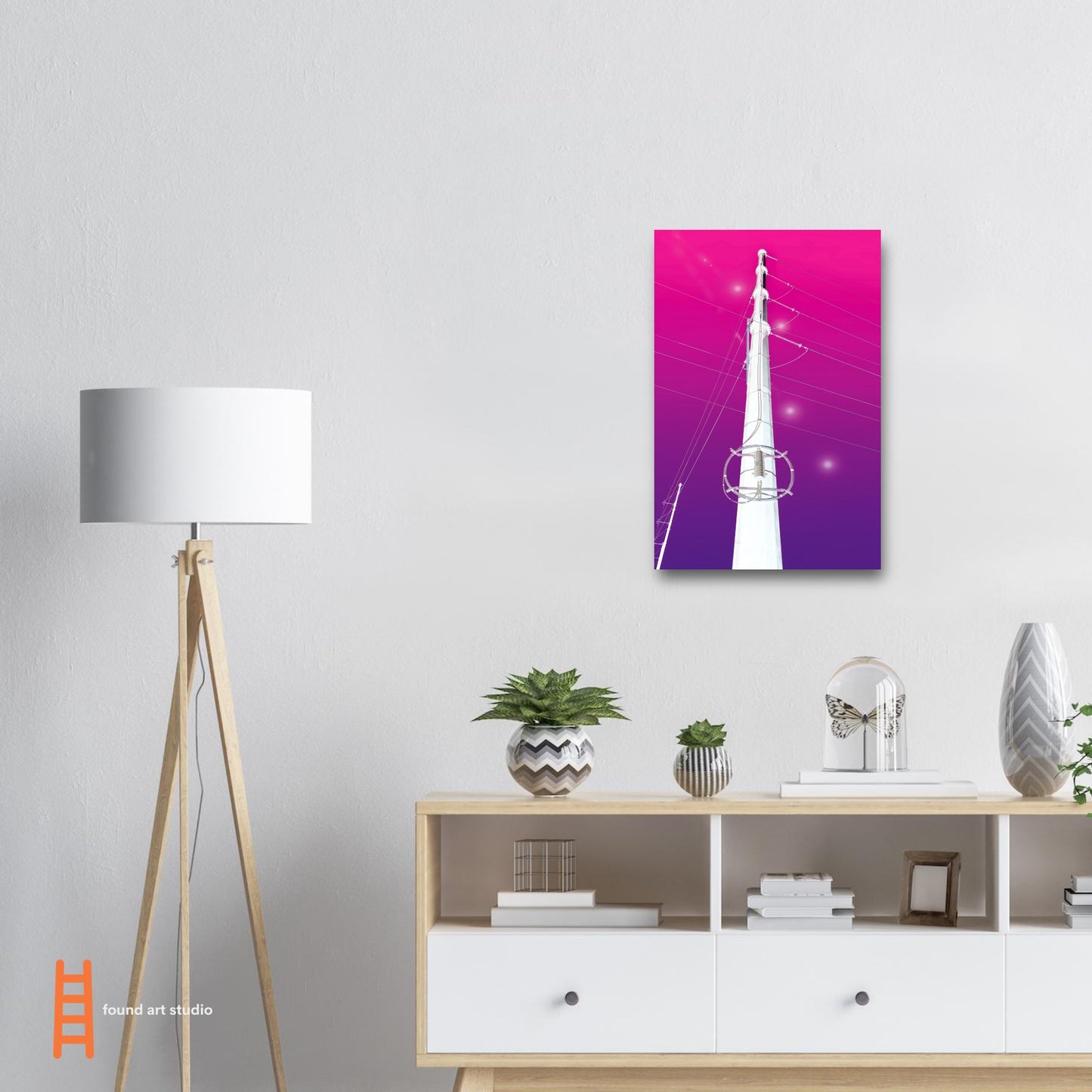 Digital Art Print that merges a white electrical tower with planet shaped lens flares on a gradient purple and pink black background by Allison Cartwright Found Art Studio.