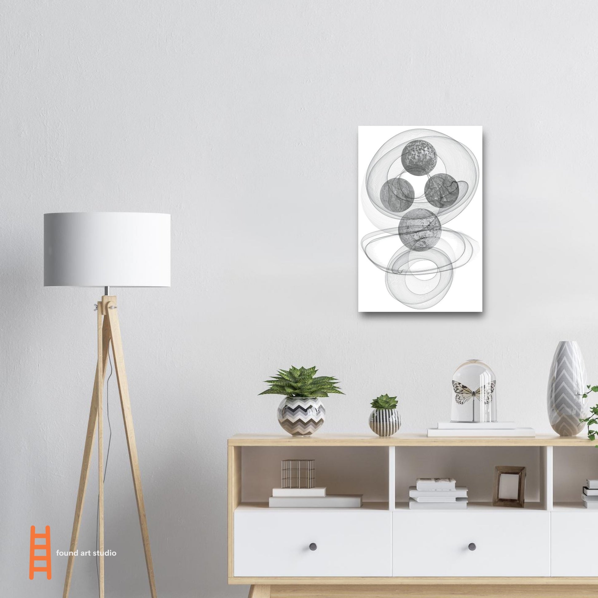 Digital Art Print that merges planets, smoke and shadows in blacks and grays on a white background by Allison Cartwright Found Art Studio.